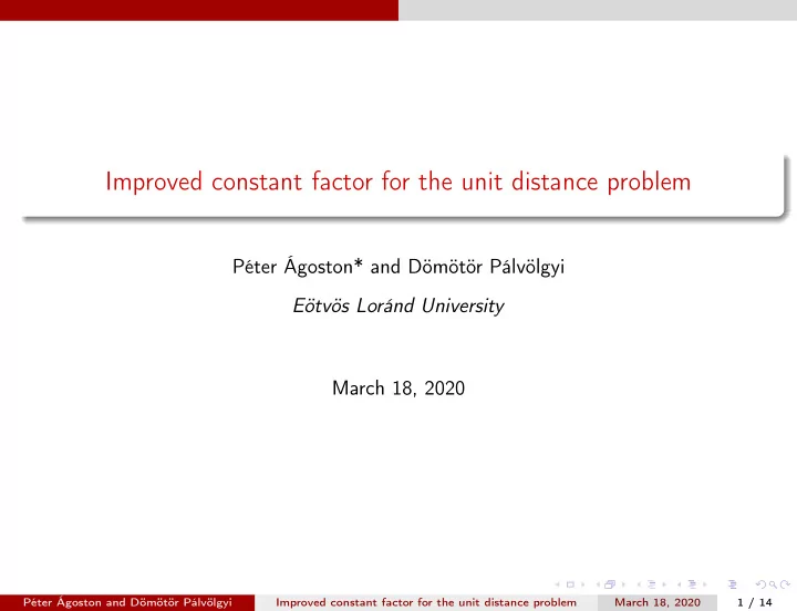 improved constant factor for the unit distance problem