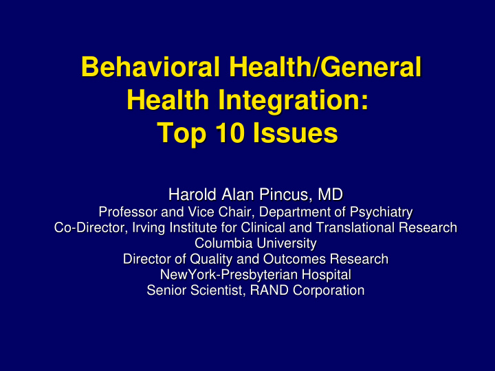 behavioral health general health integration top 10 issues