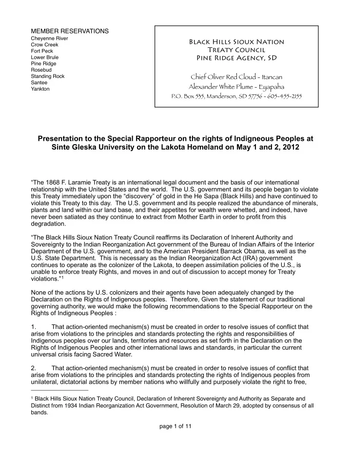 presentation to the special rapporteur on the rights of