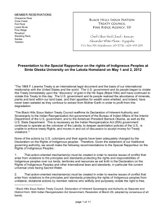 Presentation to the Special Rapporteur on the rights of Indigneous Peoples at  Sinte Gleska