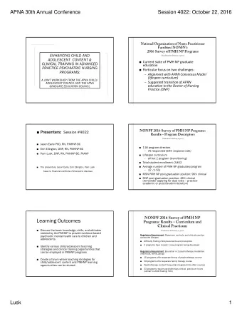 Learning Outcomes  Programs: Results  Curriculum and  Clinical Practicum  Discuss the basic