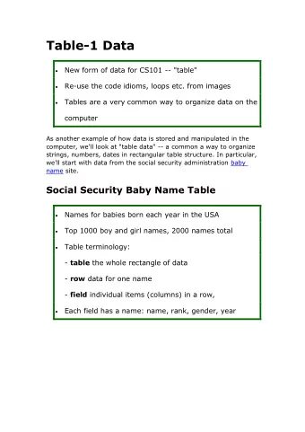 Table-1 Data  New form of data for CS101 -- &quot;table&quot;  Re-use the code idioms, loops