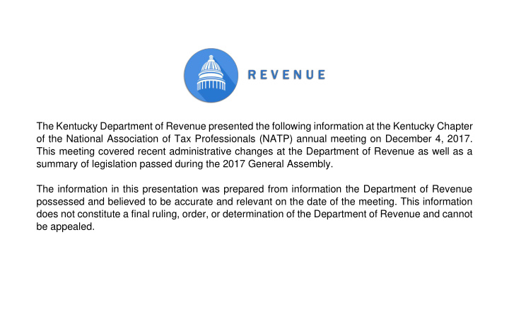the kentucky department of revenue presented the