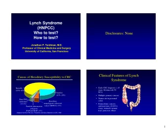 Lynch Syndrome  (HNPCC)  Who to test?  Disclosures: None  How to test?  Jonathan P. Terdiman, M.D.