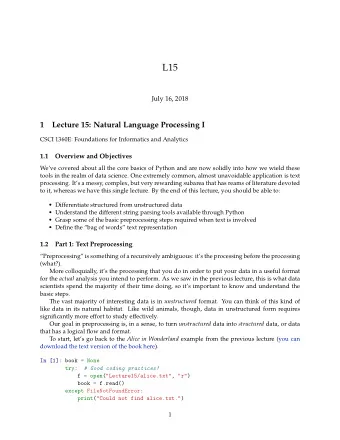 L15  July 16, 2018  1  Lecture 15: Natural Language Processing I  CSCI 1360E: Foundations for