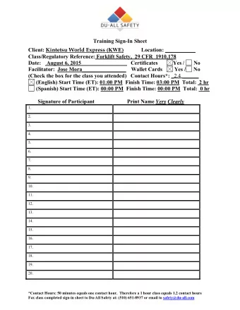Training Sign-In Sheet Client: Kintetsu World Express (KWE)  Location: ___________ Class/Regulatory