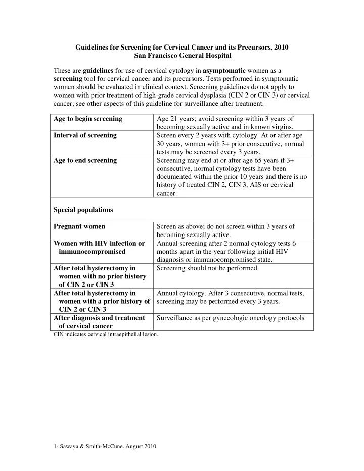guidelines for screening for cervical cancer and its