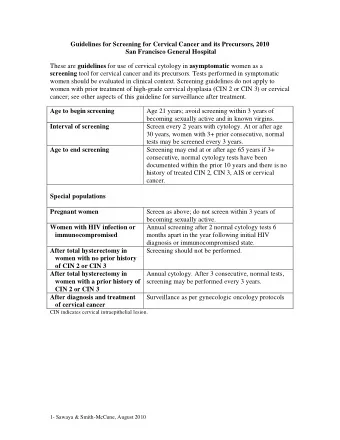 Guidelines for Screening for Cervical Cancer and its Precursors, 2010  San Francisco General