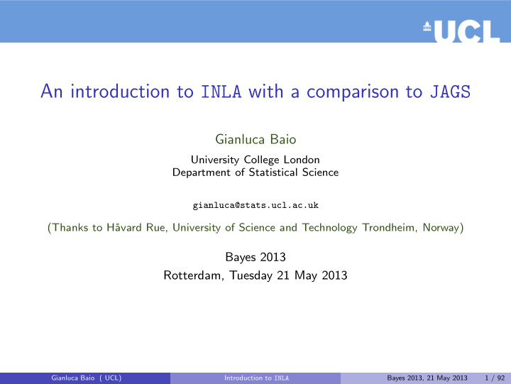 an introduction to inla with a comparison to jags