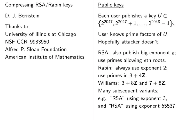 compressing rsa rabin keys public keys d j bernstein each