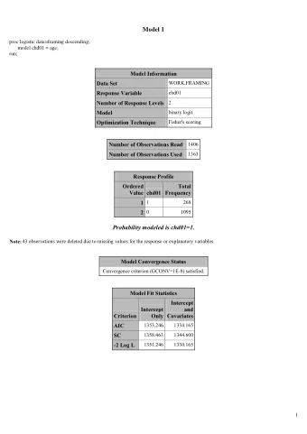 Model 1  proc logistic data=framing descending;  model chd01 = age;  run;  Model Information  Data