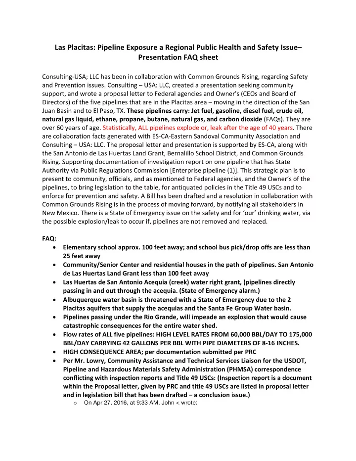 las placitas pipeline exposure a regional public health