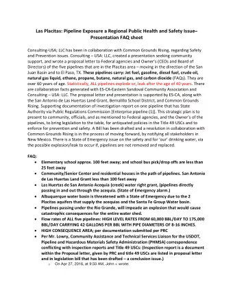Las Placitas: Pipeline Exposure a Regional Public Health and Safety Issue  Presentation FAQ