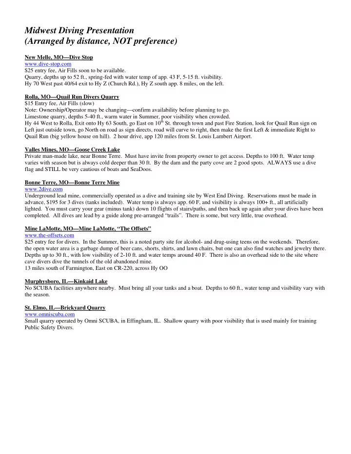 midwest diving presentation arranged by distance not
