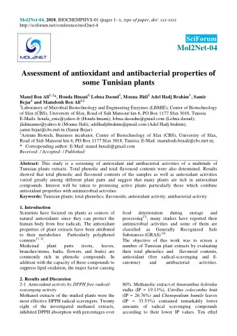 Mol2Net-04  Assessment of antioxidant and antibacterial properties of some Tunisian plants Manel