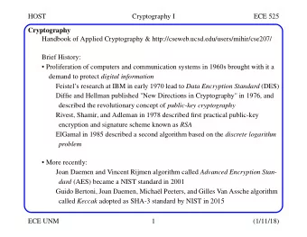 HOST  Cryptography I  ECE 525  Cryptography  Handbook of Applied Cryptography &amp;