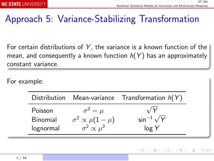 approach 5 variance stabilizing transformation