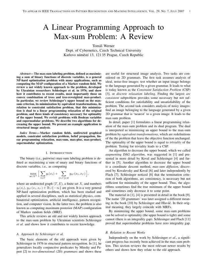 a linear programming approach to max sum problem a review