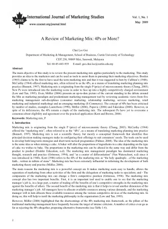 A Review of Marketing Mix: 4Ps or More?  Chai Lee Goi  Department of Marketing &amp; Management,