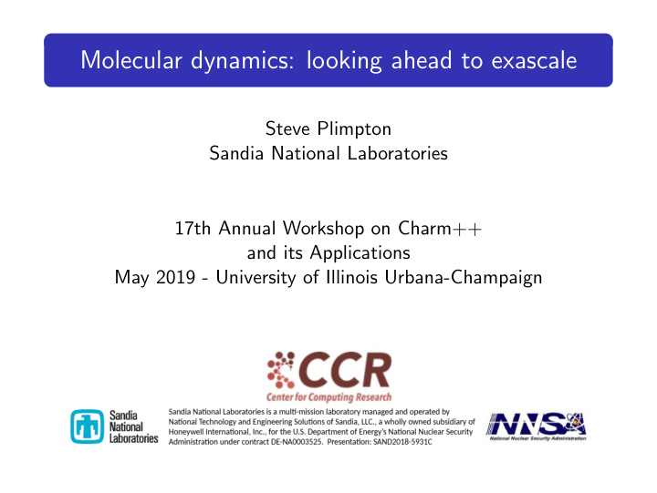molecular dynamics looking ahead to exascale