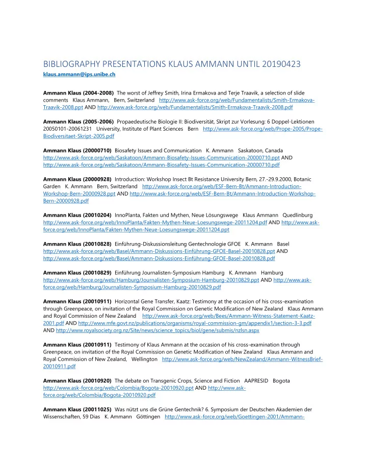 bibliography presentations klaus ammann until 20190423
