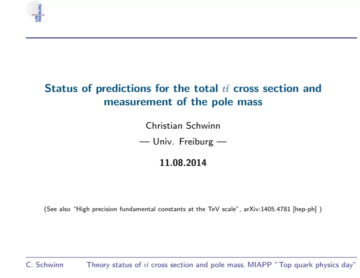 t cross section and measurement of the pole mass