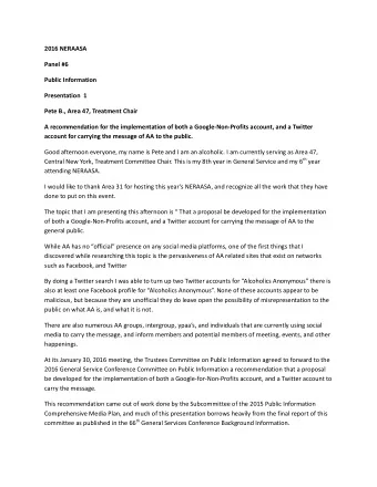 2016 NERAASA Panel #6  Public Information  Presentation  1 Pete B., Area 47, Treatment Chair  A