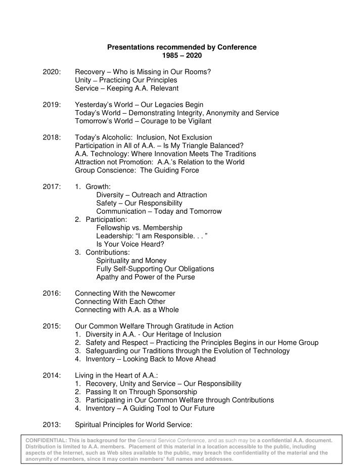 presentations recommended by conference 1985 2020