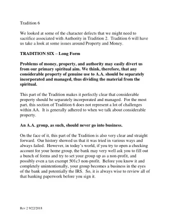 Tradition 6  We looked at some of the character defects that we might need to  sacrifice associated