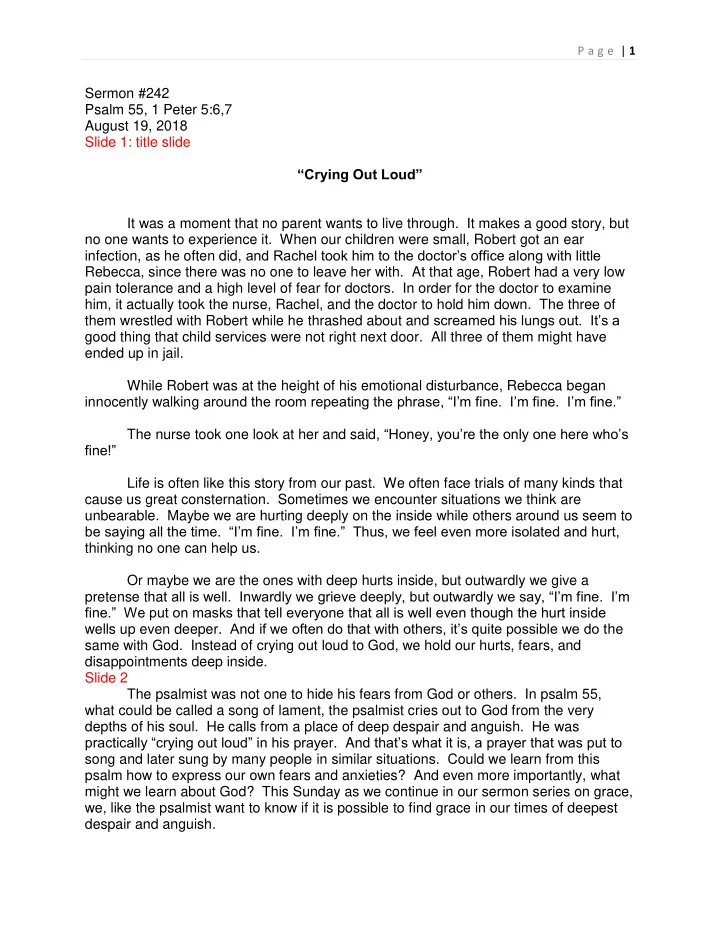 p a g e 1 sermon 242 psalm 55 1 peter 5 6 7 august 19