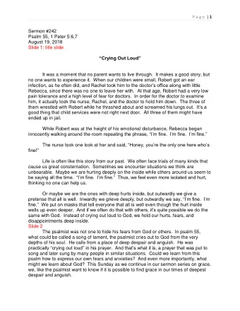 P a g e  | 1  Sermon #242  Psalm 55, 1 Peter 5:6,7  August 19, 2018  Slide 1: title slide Crying