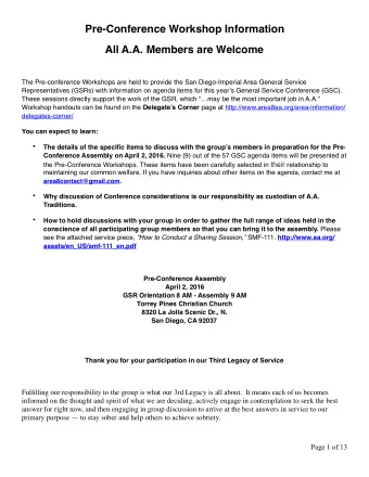 Pre-Conference Workshop Information  All A.A. Members are Welcome  The Pre-conference Workshops are