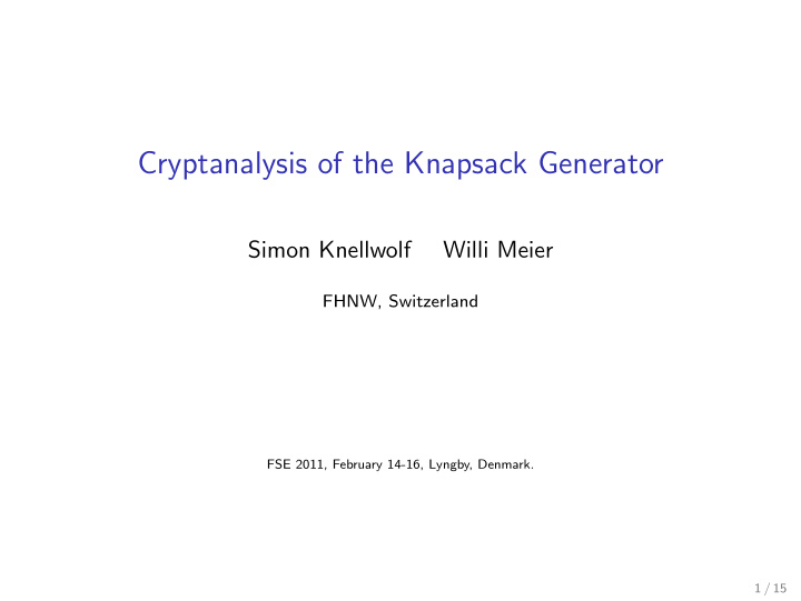 cryptanalysis of the knapsack generator