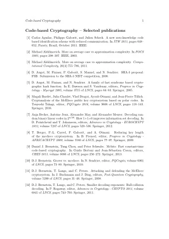 Code-based Cryptography  Selected publications  [1] Carlos Aguilar, Philippe Gaborit, and Julien