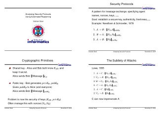 Security Protocols  2  A pattern for message exchange, specifying agent  Analysing Security