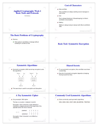 Cast of Characters  Alice and Bob  Applied Cryptography Week 1  Alice and Bob are always sending