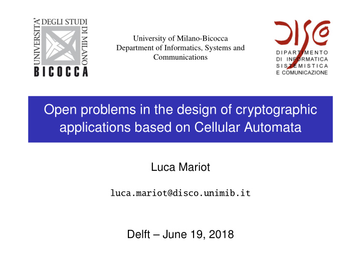 open problems in the design of cryptographic applications