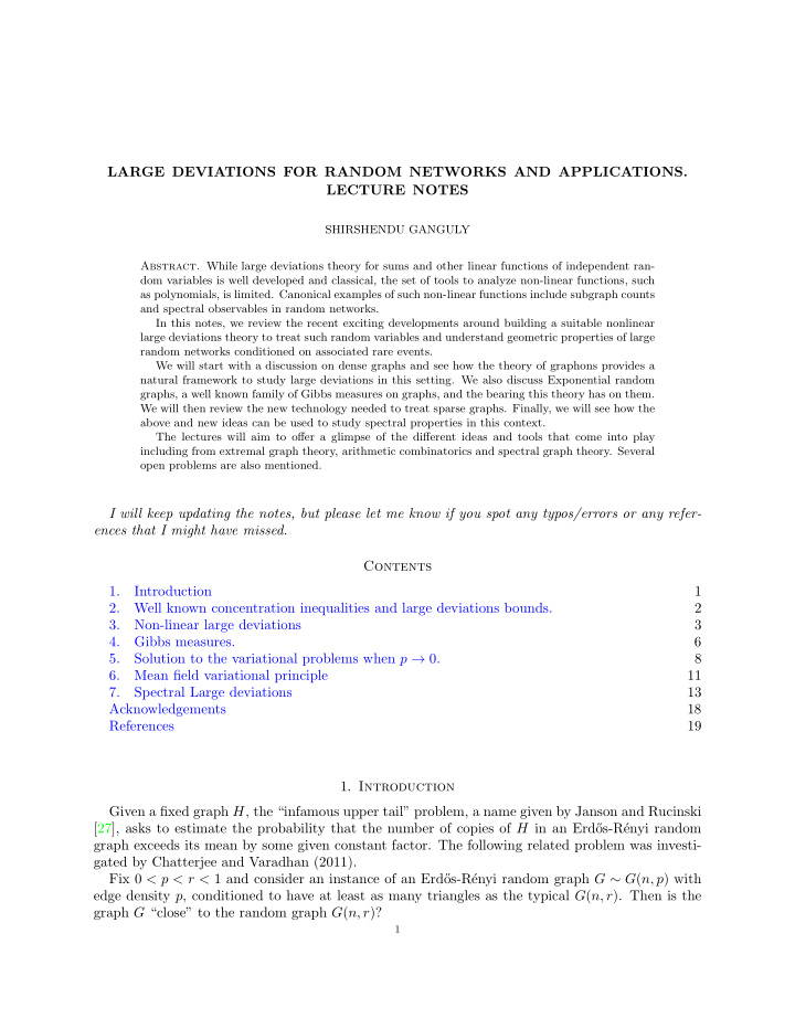 large deviations for random networks and applications
