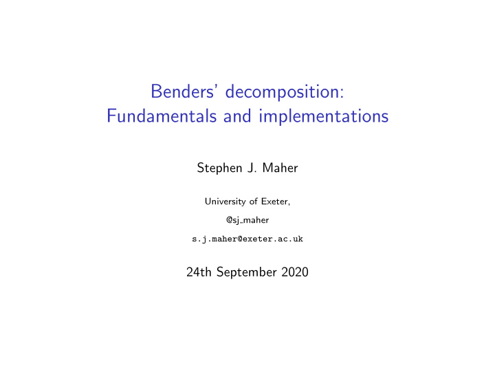 benders decomposition fundamentals and implementations