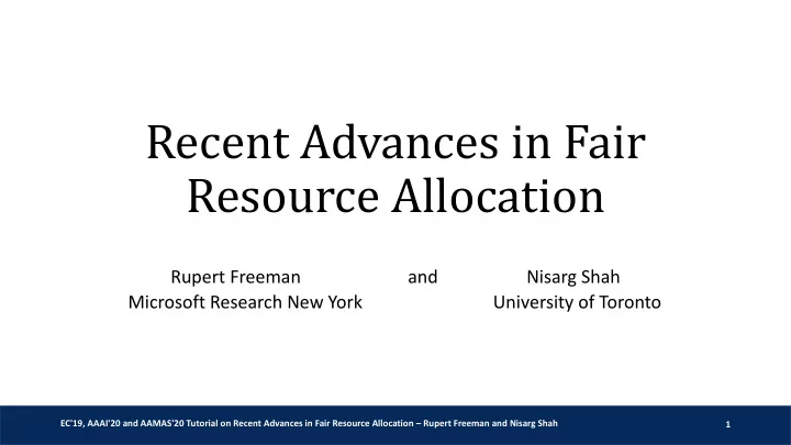 recent advances in fair resource allocation