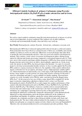 Abstract  We wish to report synthesis carbamates using Preyssler heteropolyacid, in absence of