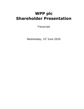 Shareholder Presentation  Transcript  Wednesday, 10 th June 2020  Disclaimer  By reading this