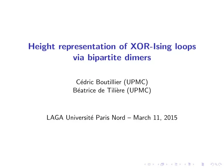 height representation of xor ising loops via bipartite