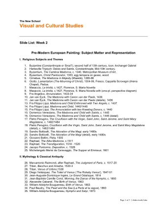 Visual and Cultural Studies  Slide List: Week 2  Pre-Modern European Painting: Subject Matter and