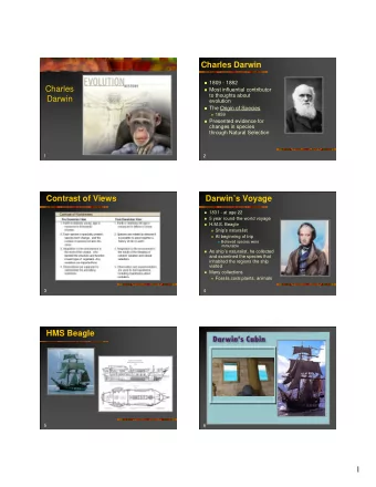 Charles Darwin  1809 - 1882  Charles  Most influential contributor  to thoughts about  Darwin