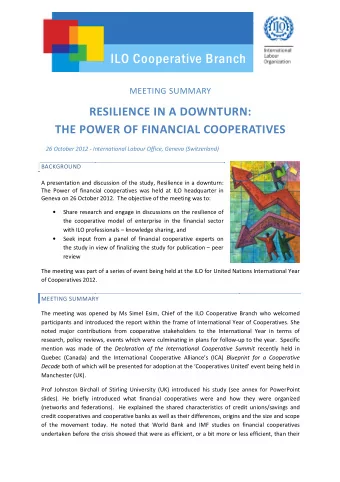 ILO Cooperative Branch  MEETING SUMMARY  RESILIENCE IN A DOWNTURN:  THE POWER OF FINANCIAL