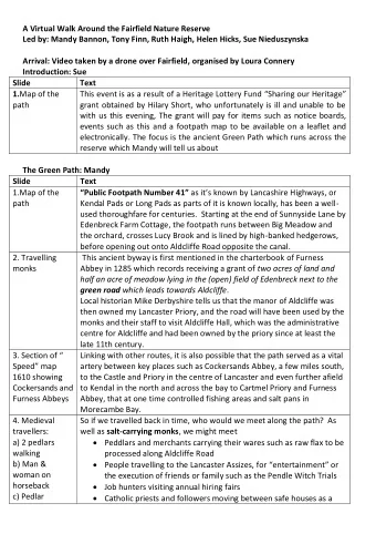 A Virtual Walk Around the Fairfield Nature Reserve  Led by: Mandy Bannon, Tony Finn, Ruth Haigh,