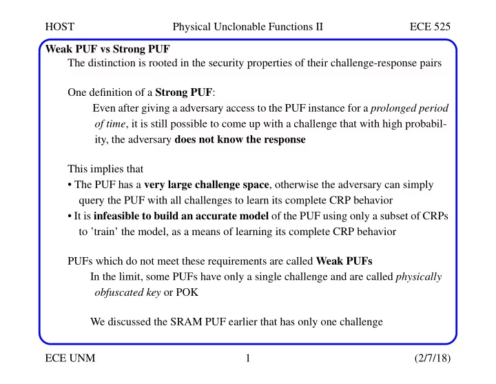 host physical unclonable functions ii ece 525 weak puf vs