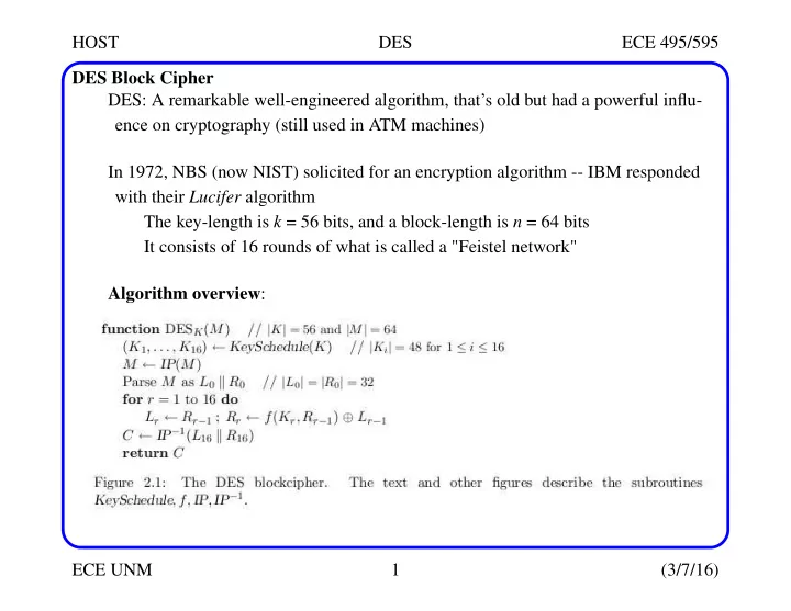 host des ece 495 595 des block cipher des a remarkable