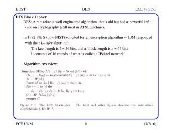 HOST  DES  ECE 495/595  DES Block Cipher  DES: A remarkable well-engineered algorithm, thats old